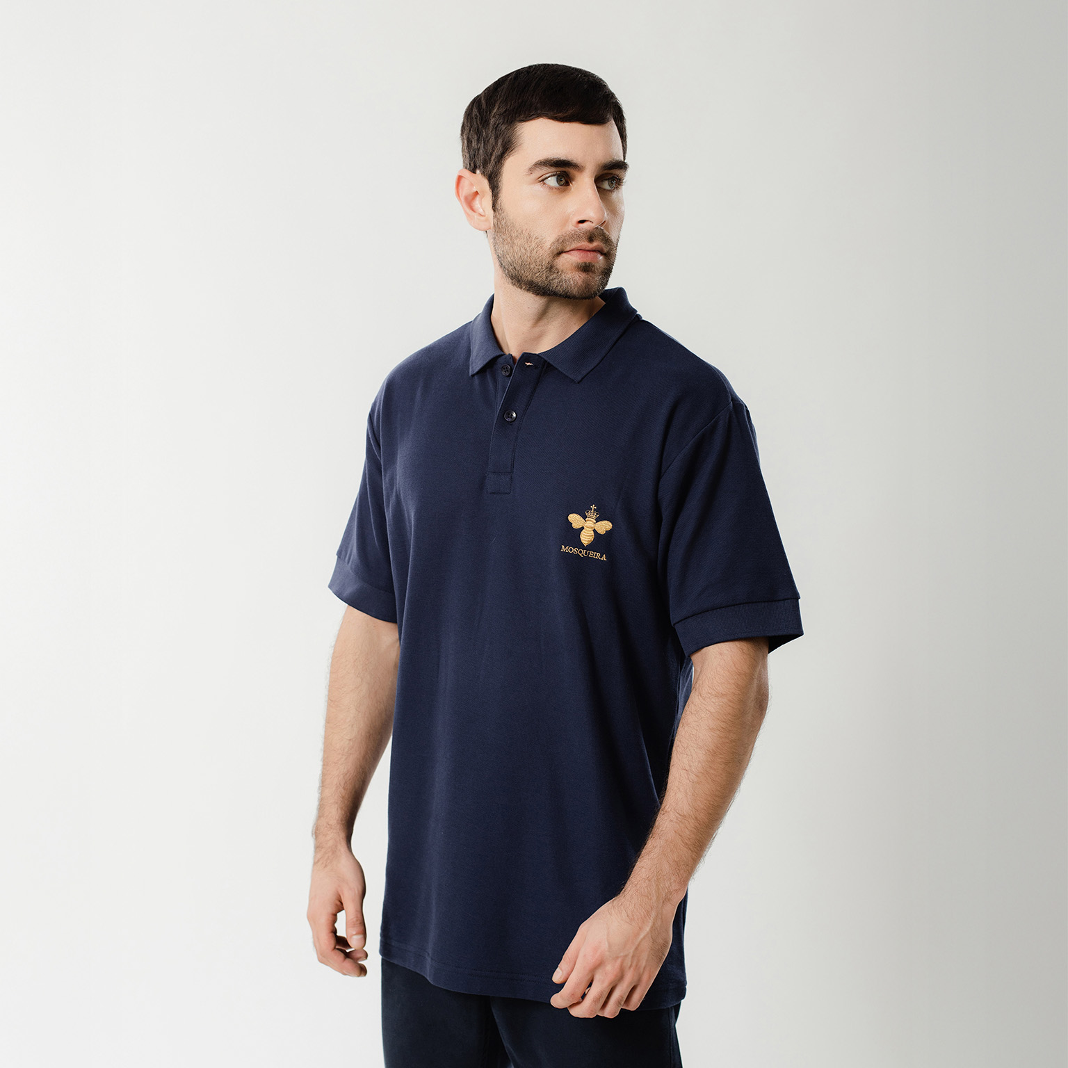 Polo camisero azul marino piqué de algodón Pima con bordado
