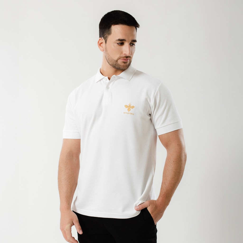 Polo camisero blanco piqué de algodón Pima con bordado